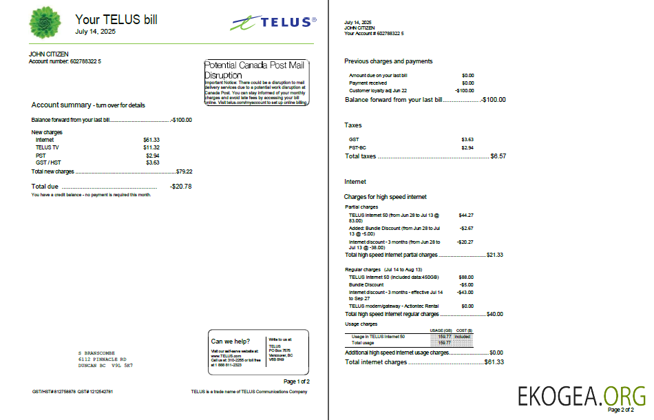 Canada Telus utility bill template in word and pdf formats, 2 pages template